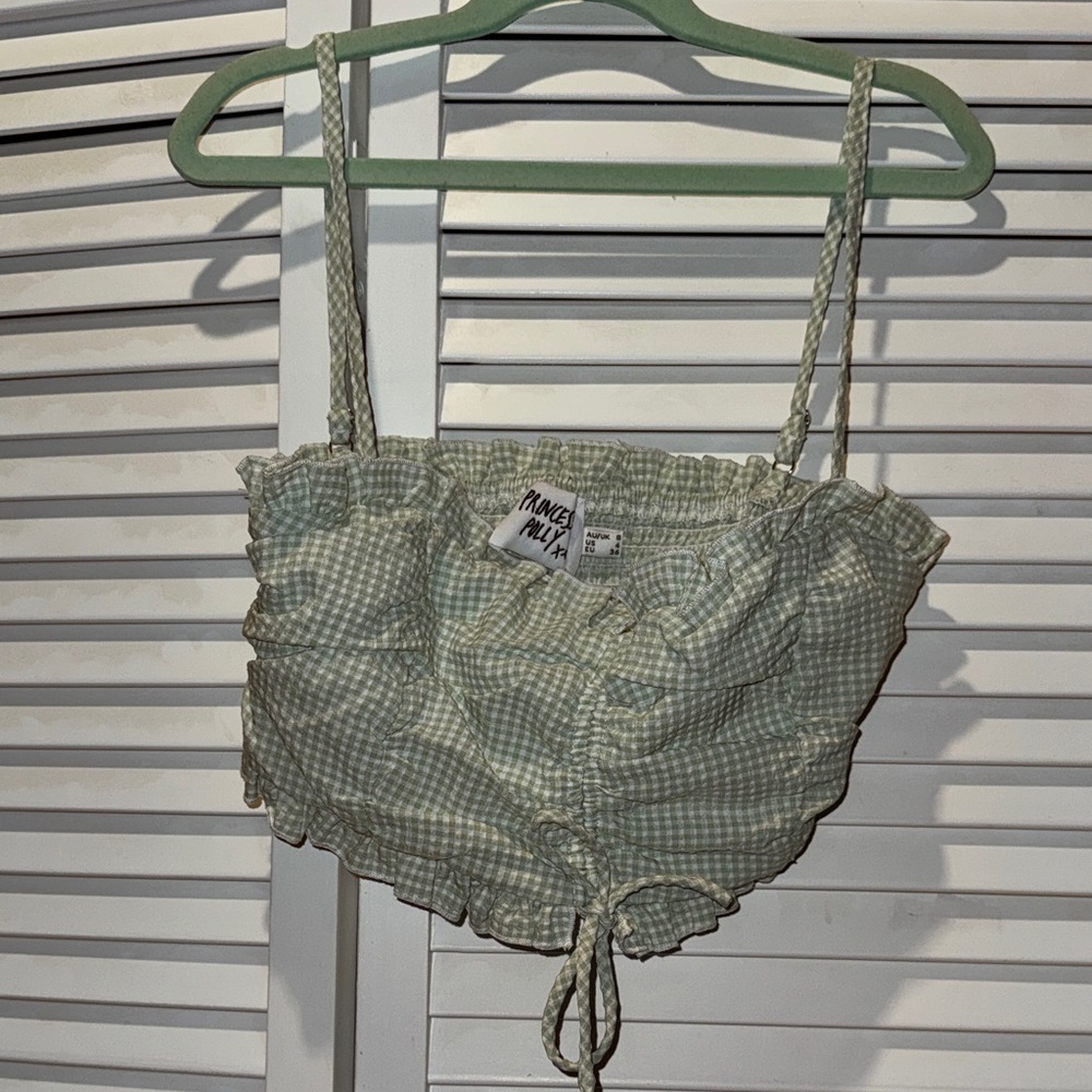 Princess Polly Sage Gingham Drawstring Crop Tank
